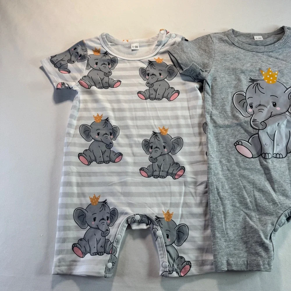 Baby Elephant Romper Set 6-9M 2pc Gray‎ Striped Short Sleeve Snaps Outfit Top XL